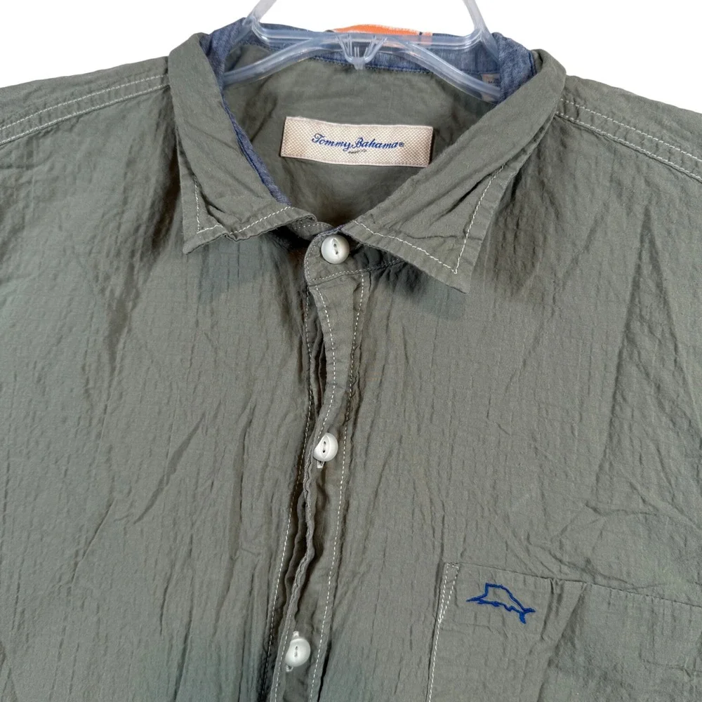 Tommy Bahama Shirt Mens XL Green Short Sleeve Cotton Blend Textured Button Down